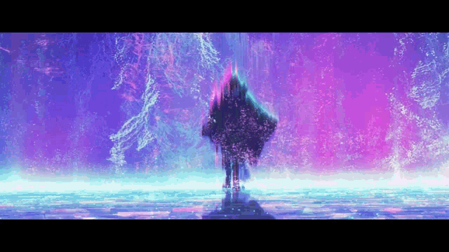 a purple and blue painting of a castle in the middle of a body of water