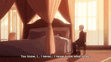 a man sits in a chair in front of a canopy bed and says " you know i never i never know what to do "