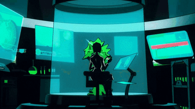 a cartoon of a man sitting in front of a computer screen that says ' i ' on it