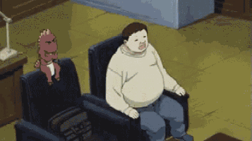 a cartoon of a man sitting in a chair with a stuffed animal on his lap