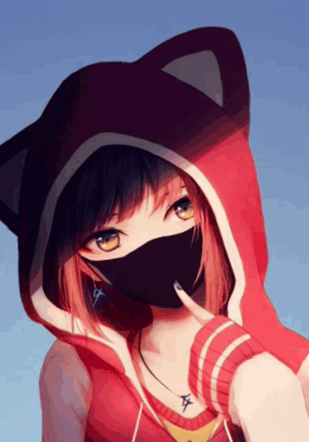 a girl wearing a red hoodie and a black face mask