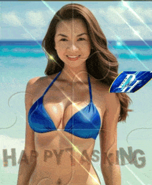 a picture of a woman in a bikini with the words happy tasking on the bottom