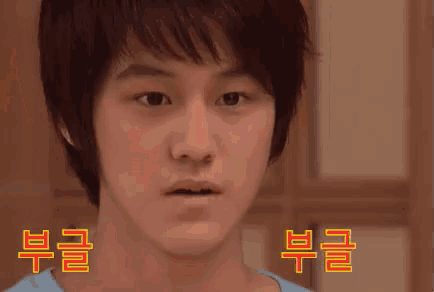a close up of a young man 's face with chinese writing on the bottom