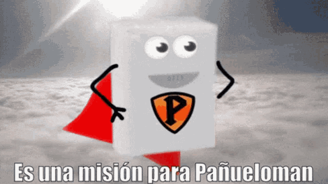 a cartoon character with a red cape and a shield with the letter p on it