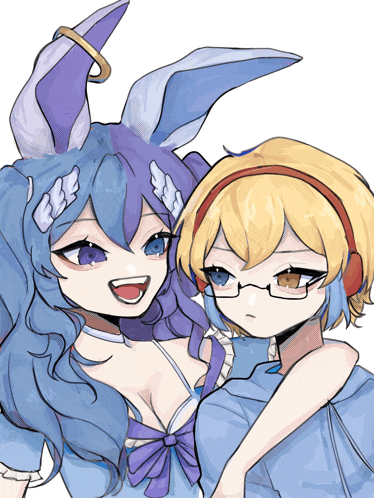 a drawing of a girl with blue hair and a girl with blonde hair