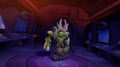 a cartoon pig with a crown on its head is standing in a dark room