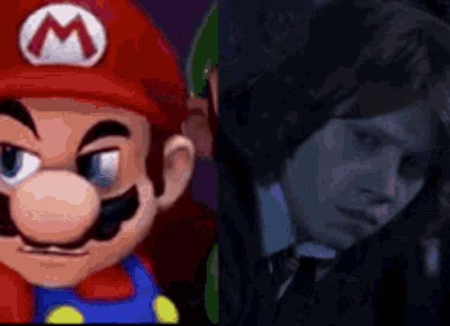 a close up of a cartoon character and a close up of a person .