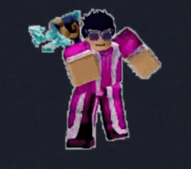 a roblox character wearing a pink suit and sunglasses is standing in front of a dark background .