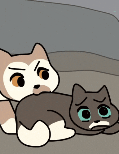 a cartoon drawing of a dog and a cat with sad faces