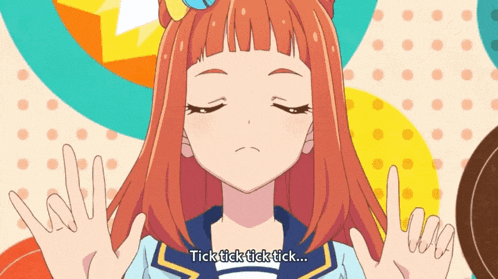 a girl with red hair is making a peace sign with her hands and the words tick tick tick tick below her