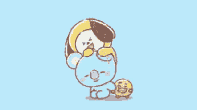 a cartoon drawing of a dog holding a cookie on a blue background
