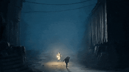 a man and a woman are running in a dark alleyway .