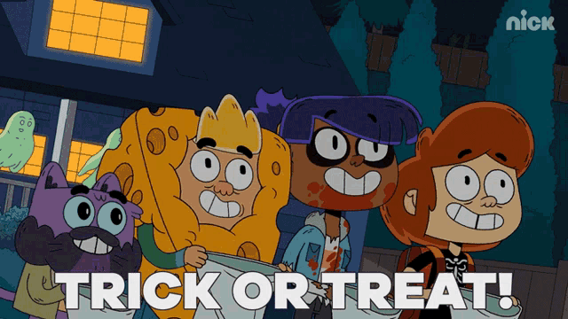 a cartoon says trick or treat on the bottom right