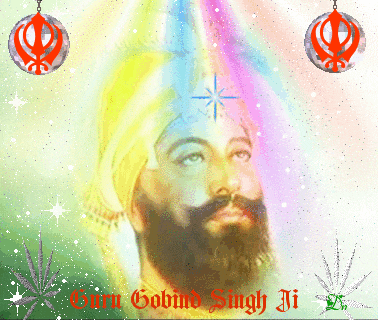 a painting of guru gobind singh ji with a rainbow background