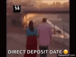 a man and a woman are walking down a street and the words direct deposit date are on the screen .
