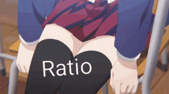 a girl in a school uniform sits on a chair with the word ratio written on her thighs