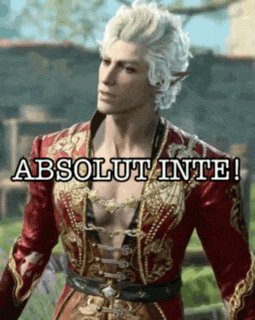 a man with white hair is wearing a red and gold outfit with the words absolut inte written on it .