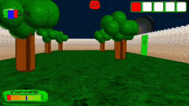 a screenshot of a video game with a green door and trees