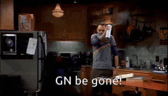 a man in a kitchen with the words gn be gone written on the bottom
