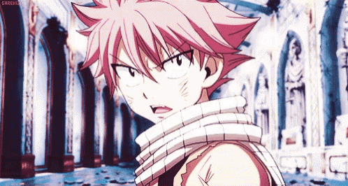 a fairy tail character with pink hair and a scarf around his neck
