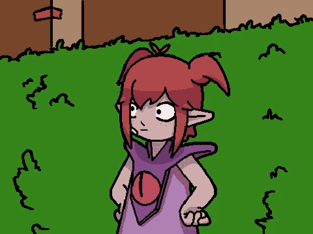 a cartoon of a girl with red hair standing in a grassy area