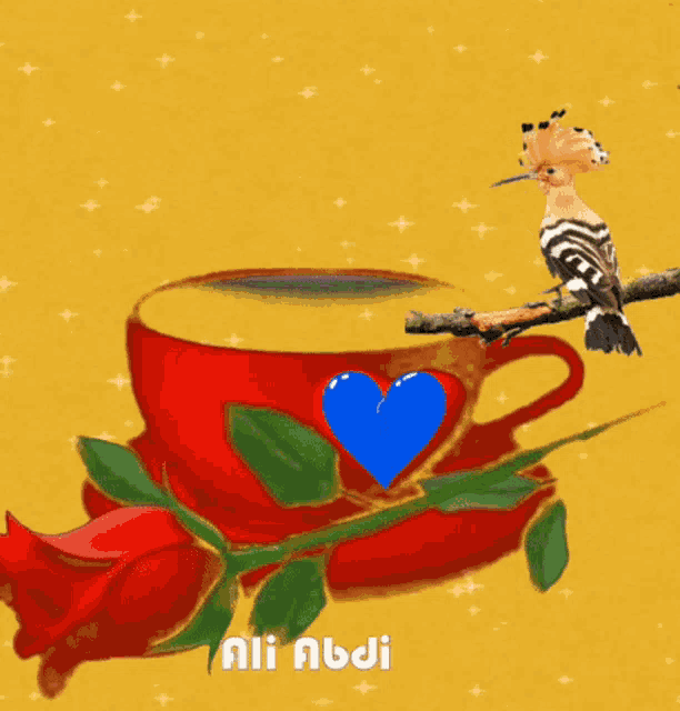 a bird perched on a branch next to a cup with a broken heart on it
