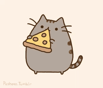 a drawing of a cat eating a slice of pizza with the words pusheen.tumblr below it