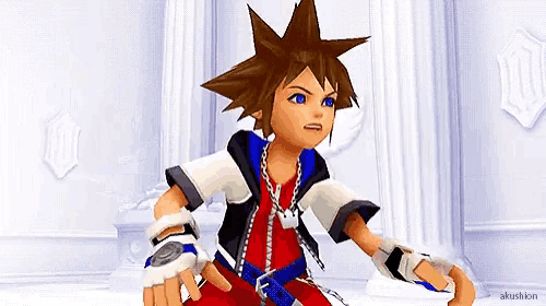sora from the video game kingdom hearts stands in front of a white wall