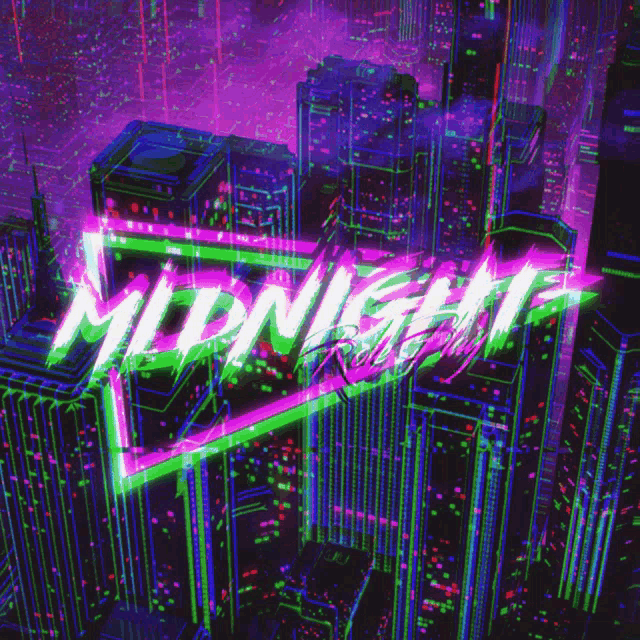a neon sign that says midnight on it in front of a city