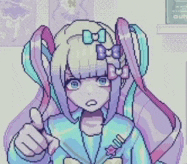 a pixel art drawing of a girl with a bow in her hair giving a thumbs up