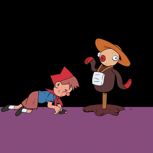 a cartoon drawing of a boy laying on the ground being helped by a cartoon character