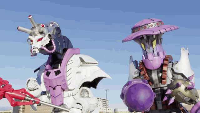 a robot with a purple head and a white body