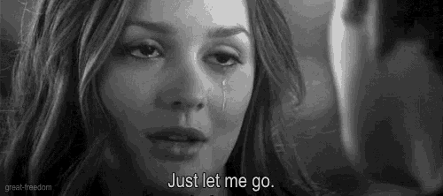 a woman is crying with a tear coming out of her eye and the words `` just let me go '' next to her .
