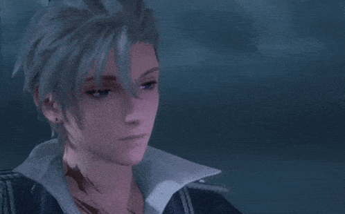 a man with purple hair is holding a purple object in his hand in a video game .