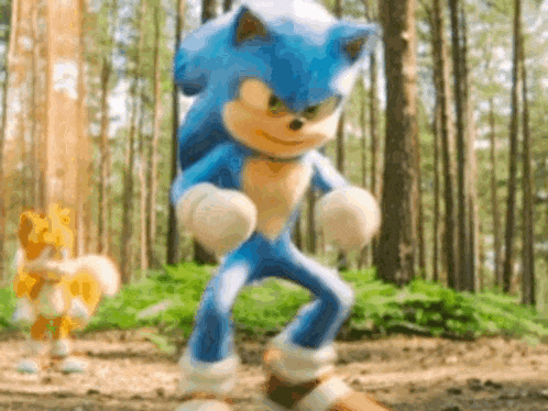 sonic the hedgehog is dancing in the woods while tails looks on .