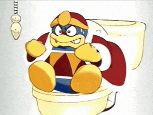a cartoon character is sitting on a toilet with a light bulb hanging from it
