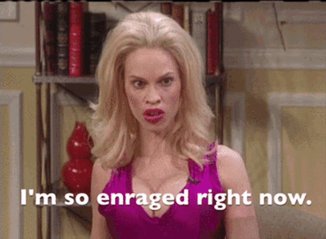 a woman in a purple tank top says i 'm so enraged right now