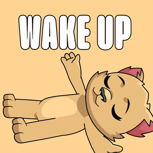 a cartoon cat is laying on its back with the words wake up above it