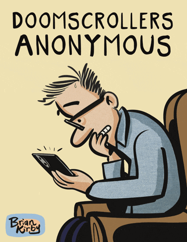 a cartoon of a man looking at a tablet with the words doom scrollers anonymous above him
