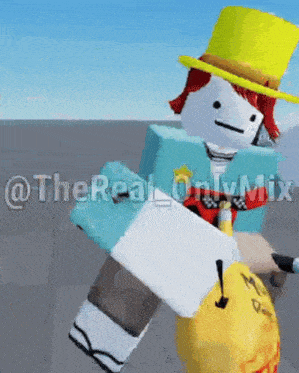 a cartoon character wearing a yellow hat and a blue shirt with the words " the real only mix " written on the bottom