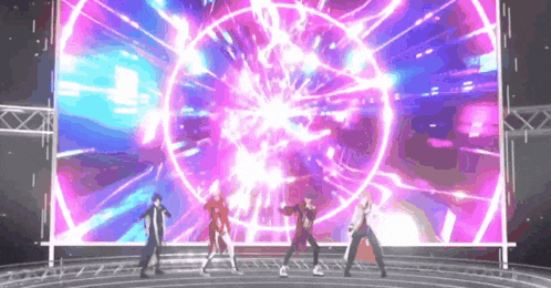 a group of people are dancing on a stage in front of a large screen with a purple light coming out of it .