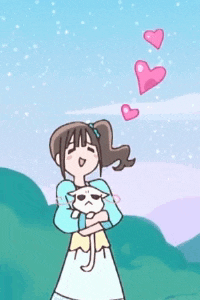 a cartoon of a girl holding a cat with hearts coming out of her eyes