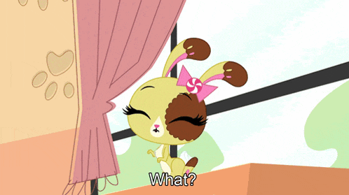 a cartoon rabbit with a pink bow on its head says what