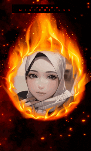 a girl in a hijab is surrounded by flames and the word merlchekk is on the bottom