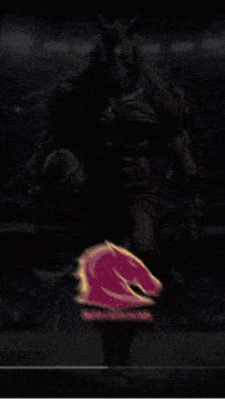 a broncos poster shows a horse holding a football