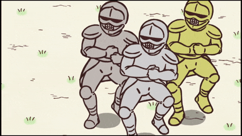 a cartoon drawing of a group of knights standing in a field