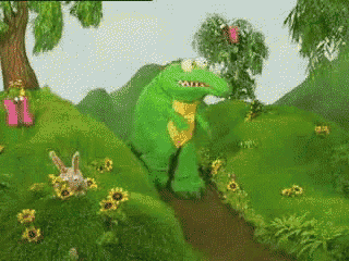 a green crocodile is walking down a path in a cartoon scene