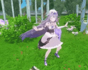 a girl in a purple dress is dancing in a video game