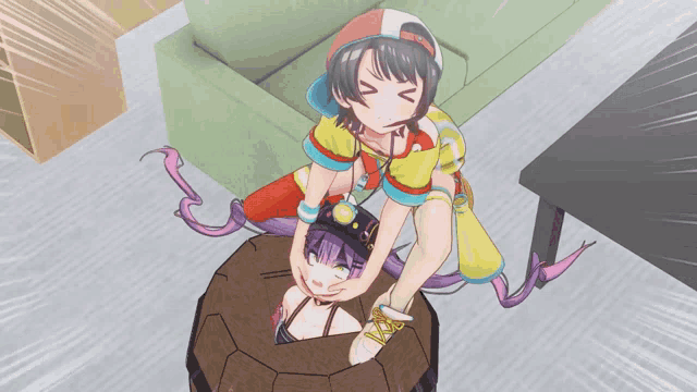 a cartoon of a girl holding another girl 's head in a barrel