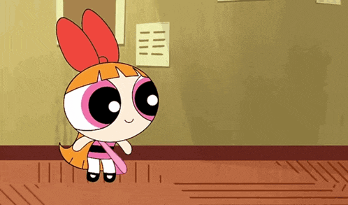 a cartoon character with a red bow on her head is standing in a room